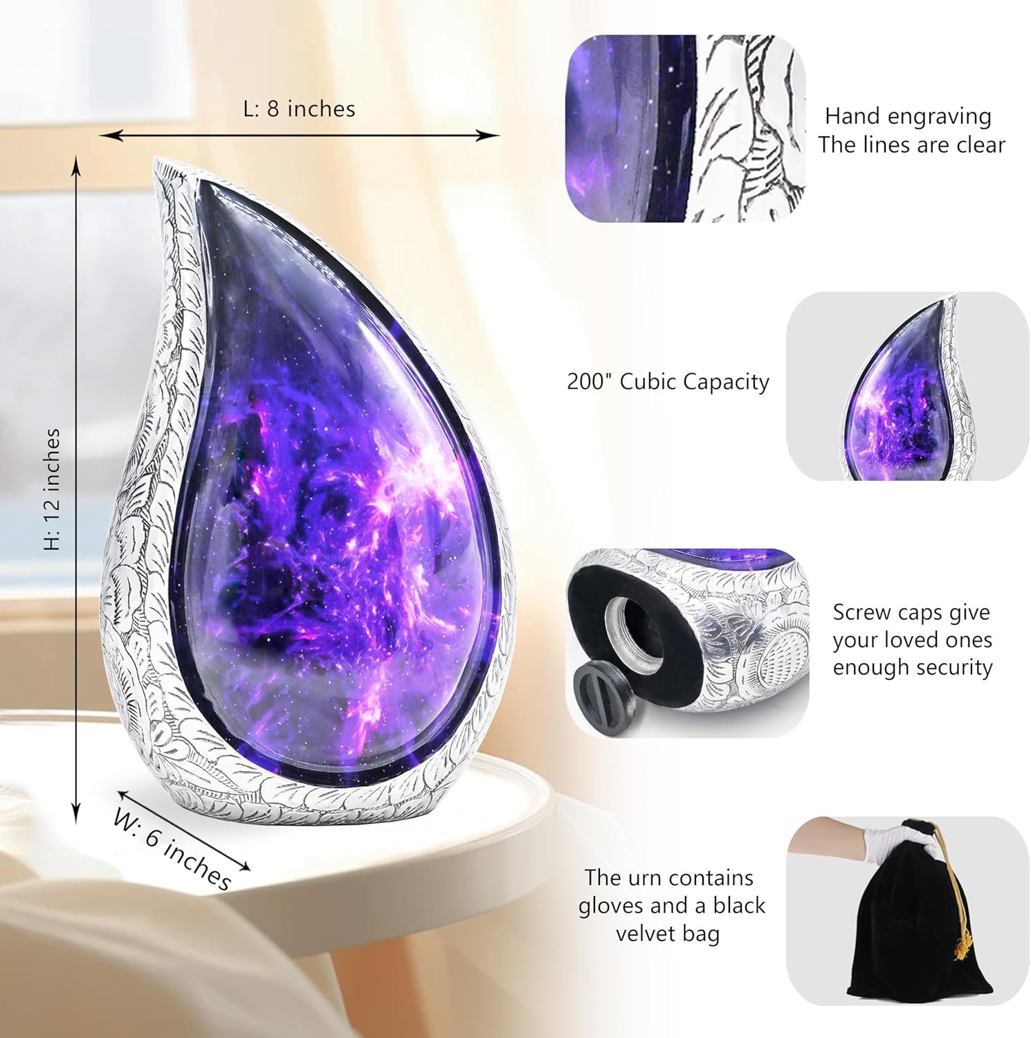 Large Adult Teardrop Purple & Blue Urn for Ashes β Brass, Cosmic Galaxy Tear Drop - Large - Image 3