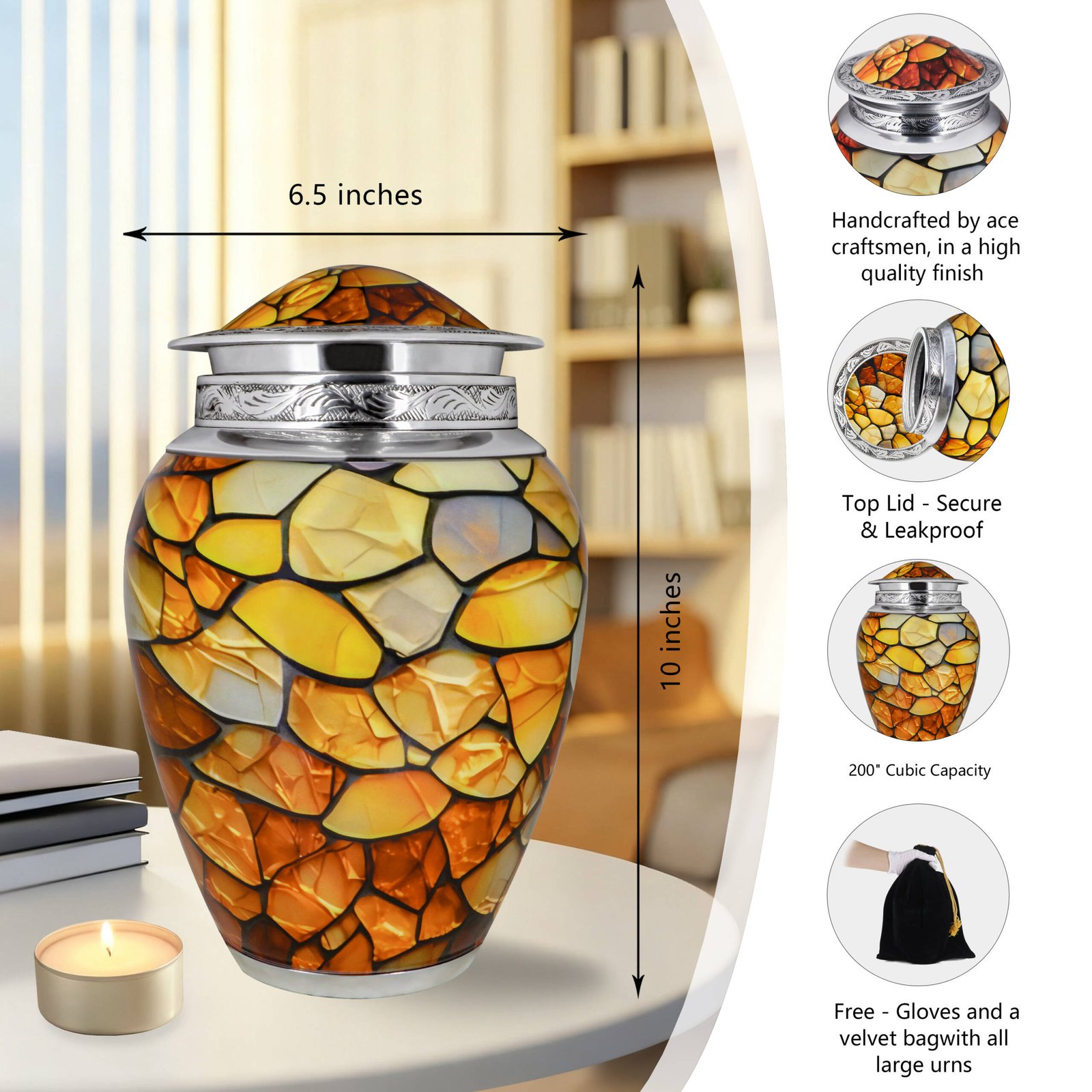 M MEILINXU Urns for Human Ashes Adult Female & Man, Cremation Urn for Ashes for Women & Male, Funeral Memorial Urn with Gemstone Texture Design, Decorative or Burial Urns, Yellow - Large Size - Image 2