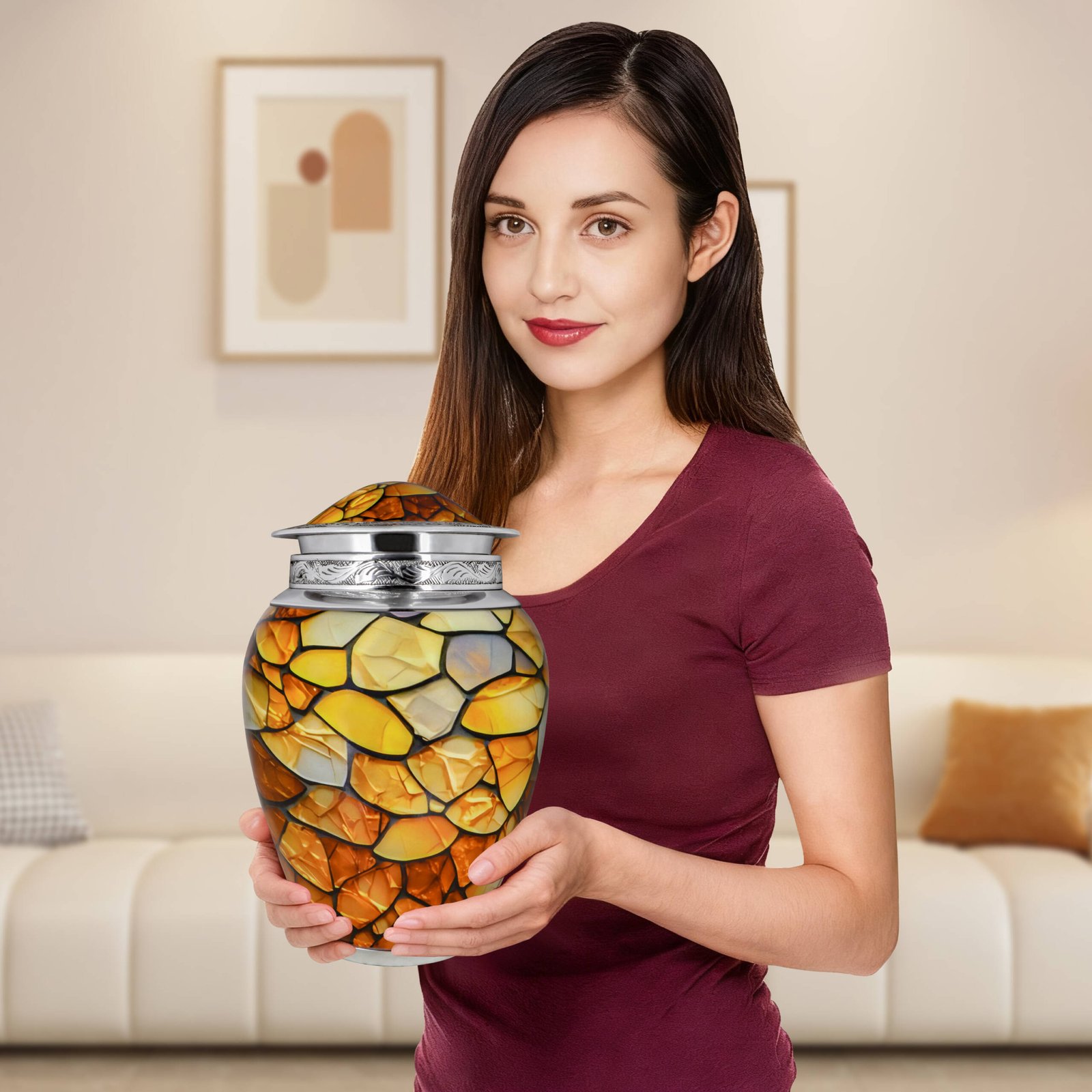 M MEILINXU Urns for Human Ashes Adult Female & Man, Cremation Urn for Ashes for Women & Male, Funeral Memorial Urn with Gemstone Texture Design, Decorative or Burial Urns, Yellow - Large Size - Image 3